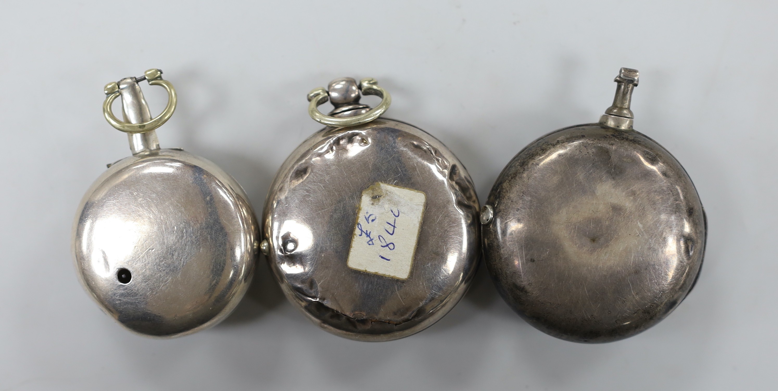 Three 18th/19th century silver pair cased keywind verge pocket watches, by J. Farrer of Pontefract (lacking outer case), John Williams of London and Morrison of London, the latter with dial decorated with a horse and far